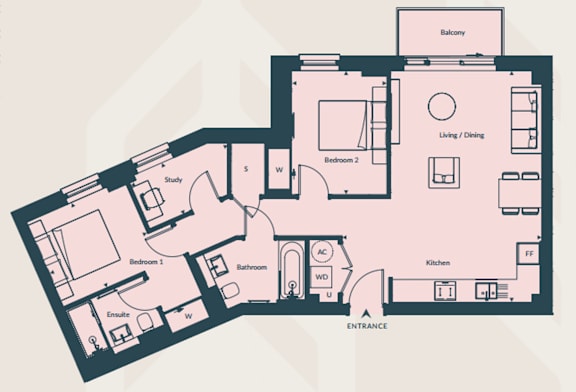A floor plan of a house with a study, two bedrooms, a bathroom, a kitchen, and a living/dining area.