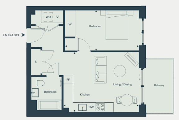 A floor plan of a house with a living room, dining room, kitchen, two bathrooms, and a balcony.