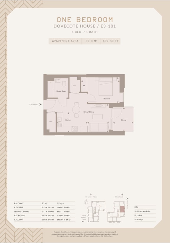 A page showing a floor plan and details of a one bedroom apartment.