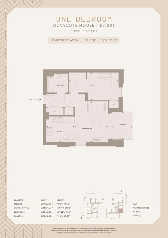 A floor plan for a one bedroom apartment with a detailed breakdown of the room sizes.