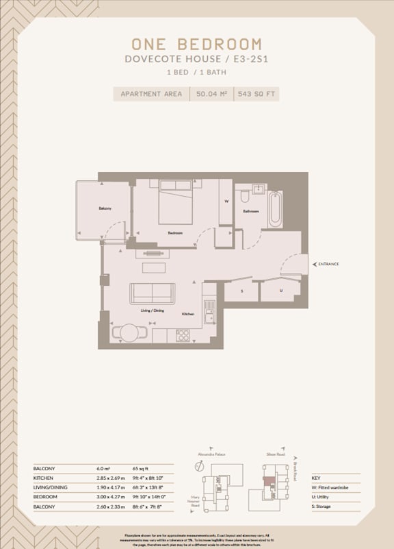 A floor plan for a one bedroom apartment at Dovecote House.