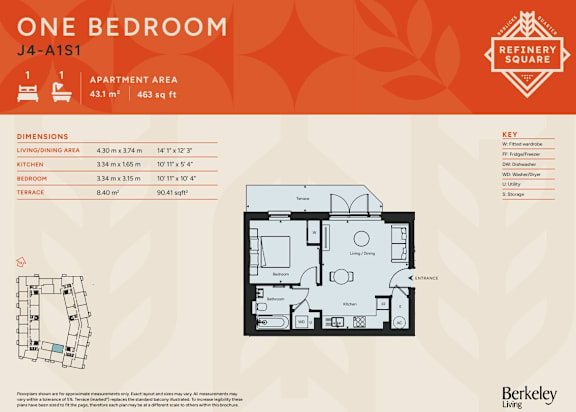A one bedroom apartment in Berkeley Living has a living/dining area, kitchen, bedroom, and terrace.