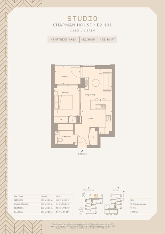 A floor plan and details of a studio apartment in Chapman House / E2-101.