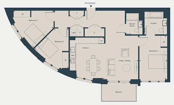 A floor plan of a house with labeled rooms and furniture.