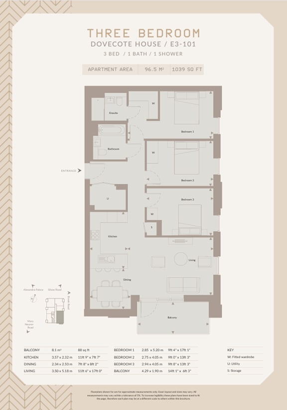A floor plan for a three bedroom apartment with 36.5 square meters of living space.