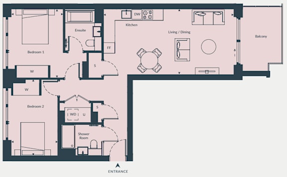 A floor plan of a house with two bedrooms, a living area, a kitchen, a shower room, and an entrance.