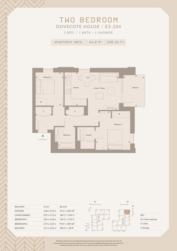 A floor plan for a two bedroom, one bathroom apartment with a living room, kitchen, and dining room.