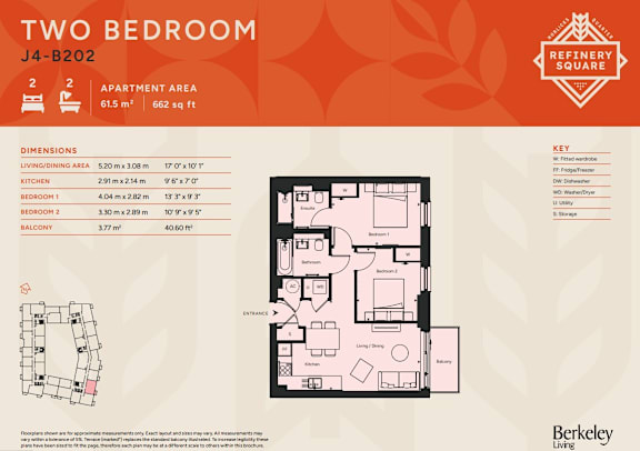 A two bedroom apartment living area with a kitchen and balcony.