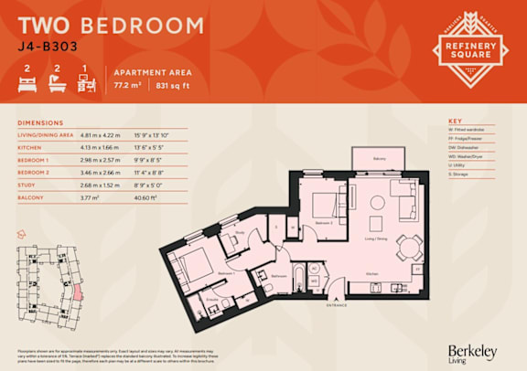 A floor plan for a two bedroom apartment at Refinery Square shows the layout of the rooms and appliances.