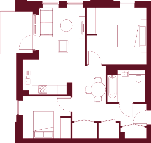 A black and white floor plan of a house with various rooms and furniture.