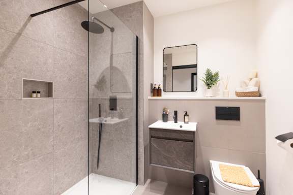 A modern bathroom with a walk-in shower and a toilet.