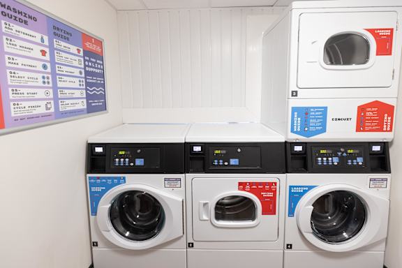 A washing machine with a sign that says "Washing Guide" on the wall behind it.