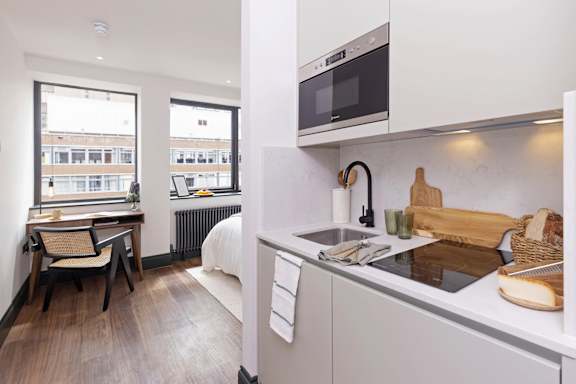 A kitchen with a sink, stove, and a window overlooking a city.