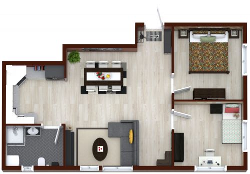 A floor plan of a house with a kitchen, living room, and bathroom.