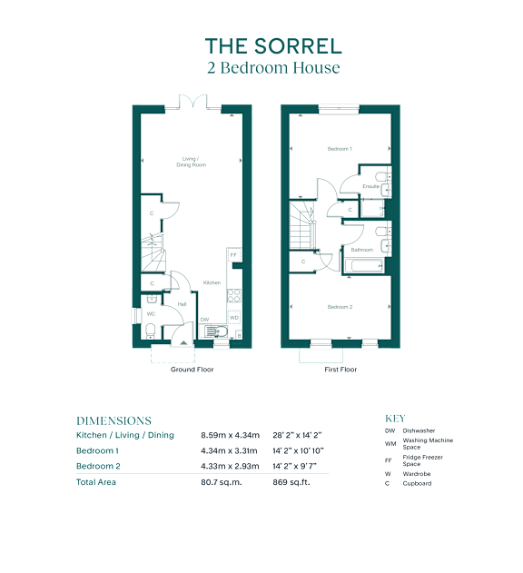 A floor plan for a two bedroom house with dimensions.