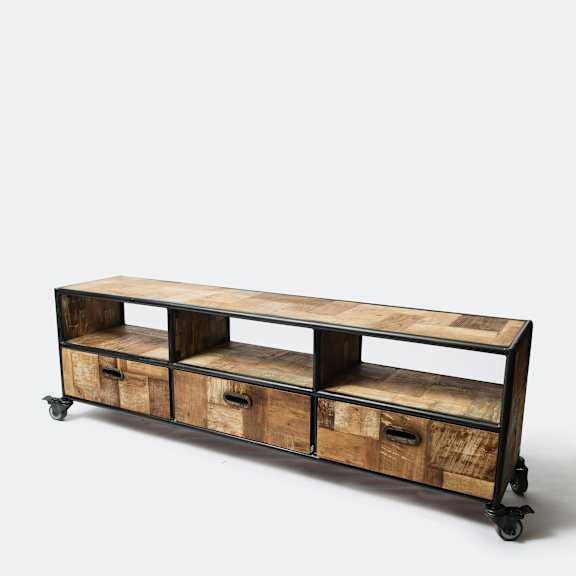 A wooden cart with four drawers and a metal frame.