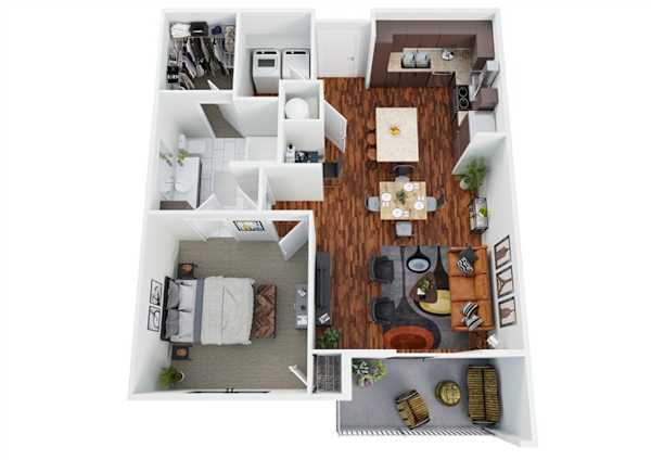 Floor plan A6, the Bridgeport: 1 bedroom, 1 bathroom, 826 square feet. An open kitchen with an island facing the living area, and one of the larger patios in the community.