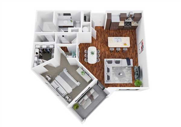 Floor plan A9, the Buchanan: 1 bedroom, 1 bathroom, 854 square feet. A study alcove off the living room, big enough for a desk and a chair without giving up the dining space.