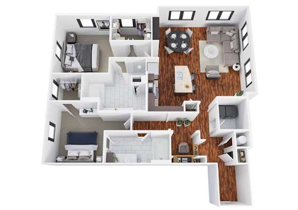 Floor plan B6, the Caddo: 2 bedrooms, 2 bathrooms, 1,498 square feet. Our largest home. A corner unit with a wraparound patio and the widest living room in the community.