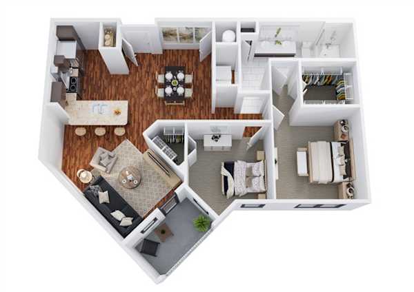 Floor plan B1, the Canyon: 2 bedrooms, 1 bathroom, 1,035 square feet. Two bedrooms sharing one bathroom, arranged on the same side of a central living and dining area. The most affordable way into two bedrooms here.