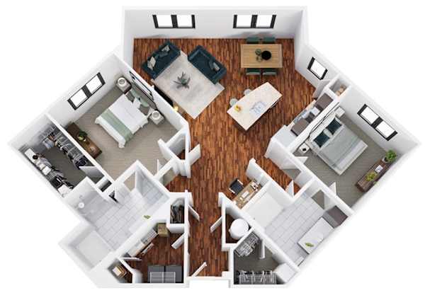 Floor plan B5, the Livingston: 2 bedrooms, 2 bathrooms, 1,418 square feet. A study off the entry hall, so you get a third room without paying for a third bedroom.