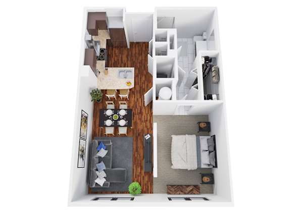 Floor plan A2, the Murphy: 1 bedroom, 1 bathroom, 640 square feet. The lowest rent in the community. An open living and dining area with the kitchen along the left of the entry and the bedroom and bathroom to the right.