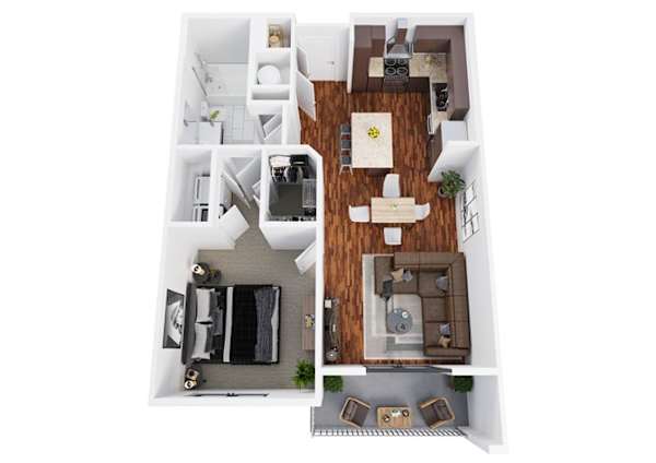 Floor plan A3, the Sabine: 1 bedroom, 1 bathroom, 722 square feet. Our most-taken one bedroom. A galley kitchen off the entry keeps cooking noise out of the living room, and the bedroom sits at the back down a short hall.