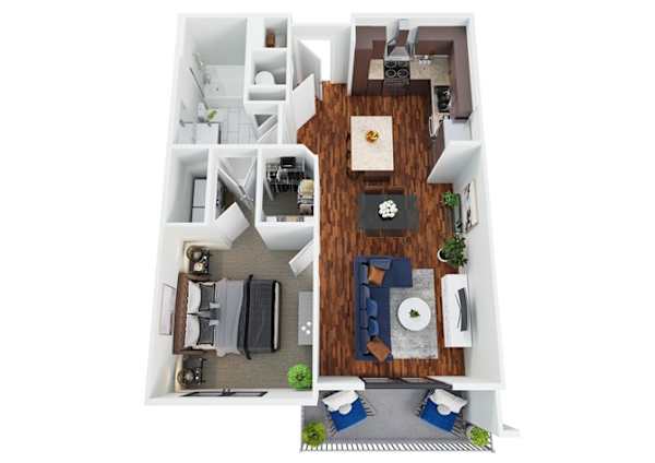 Floor plan A4, the Sabine Alt: 1 bedroom, 1 bathroom, 735 square feet. The Sabine layout with a wider living room and a lake-facing patio. Same galley kitchen, thirteen more square feet in the main room.
