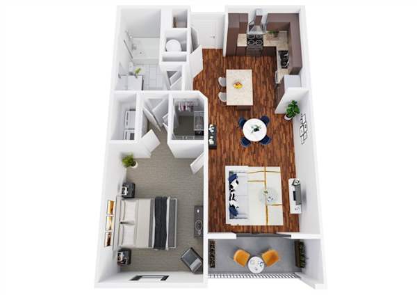 Floor plan A5, the Slaton: 1 bedroom, 1 bathroom, 757 square feet. The bedroom sits behind a hallway rather than opening off the living room — the quietest of the smaller one bedrooms.