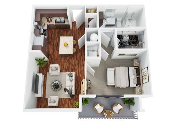 Floor plan A1, the Somerville: 1 bedroom, 1 bathroom, 638 square feet. Our most compact home. Entry opens into a combined living and dining space with a walk-through kitchen along one wall and the bedroom to the rear.