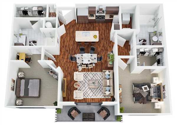 Floor plan B2, the Texana: 2 bedrooms, 2 bathrooms, 1,122 square feet. A split layout — bedrooms at opposite ends, each with its own bathroom. The plan we recommend most often for roommates.