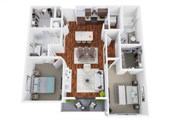 Floor plan B3, the Texana Alt: 2 bedrooms, 2 bathrooms, 1,145 square feet. The Texana split layout with an open kitchen island facing the living area instead of a closed galley.