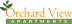 the logo for orchard view apartments on a green background