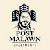 A logo for Post Malawan Apartments features a man with dreadlocks and buildings in the background.