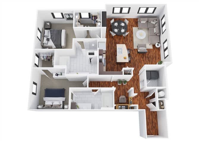 Floor plan B6, the Caddo: 2 bedrooms, 2 bathrooms, 1,498 square feet. Our largest home. A corner unit with a wraparound patio and the widest living room in the community.