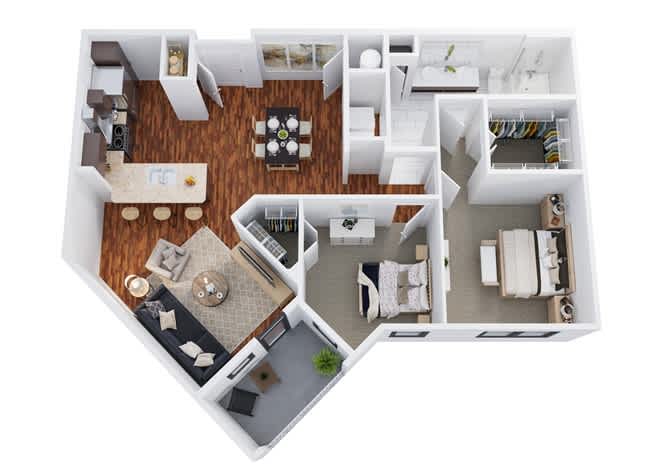 Floor plan B1, the Canyon: 2 bedrooms, 1 bathroom, 1,035 square feet. Two bedrooms sharing one bathroom, arranged on the same side of a central living and dining area. The most affordable way into two bedrooms here.