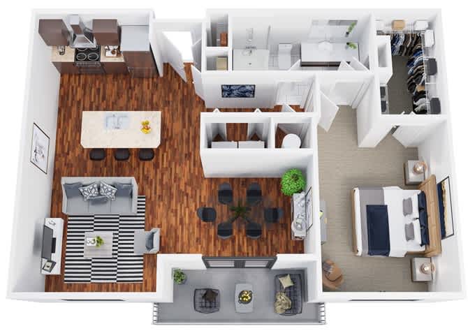 Floor plan A7, the Childress: 1 bedroom, 1 bathroom, 835 square feet. A corner home with two exposures, so the living room holds light through the afternoon.