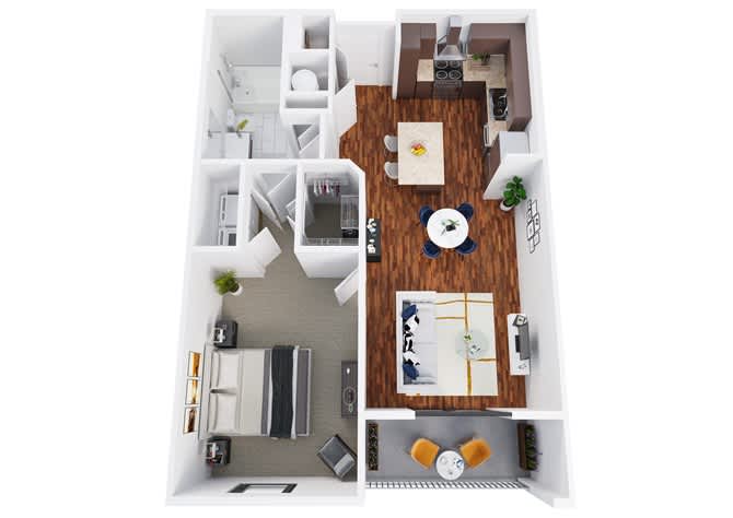 Floor plan A5, the Slaton: 1 bedroom, 1 bathroom, 757 square feet. The bedroom sits behind a hallway rather than opening off the living room — the quietest of the smaller one bedrooms.