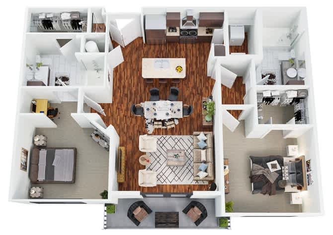Floor plan B2, the Texana: 2 bedrooms, 2 bathrooms, 1,122 square feet. A split layout — bedrooms at opposite ends, each with its own bathroom. The plan we recommend most often for roommates.