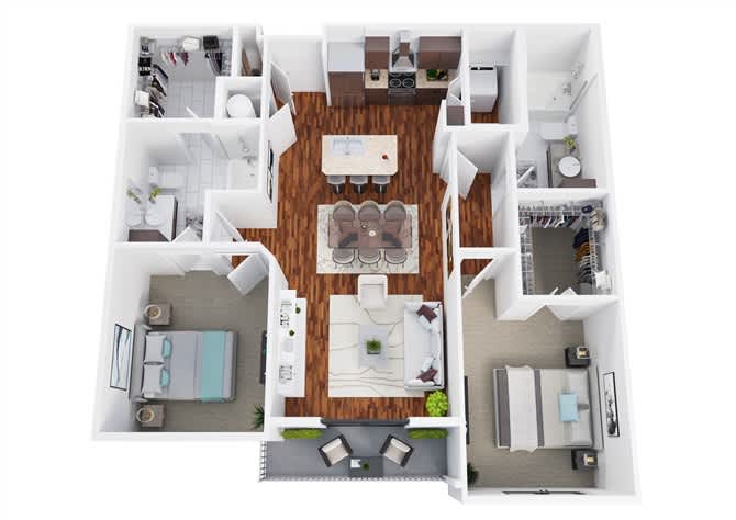 Floor plan B3, the Texana Alt: 2 bedrooms, 2 bathrooms, 1,145 square feet. The Texana split layout with an open kitchen island facing the living area instead of a closed galley.