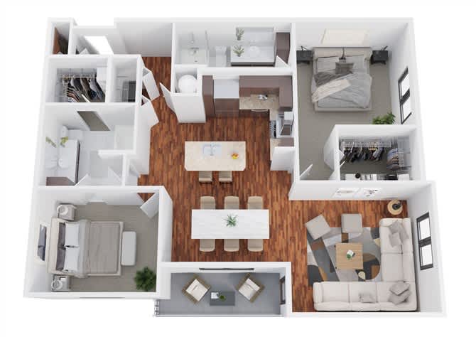Floor plan B4, the Travis: 2 bedrooms, 2 bathrooms, 1,289 square feet. A separate dining room in addition to the living area, and walk-in closets in both bedrooms.