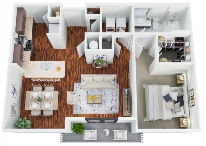Floor plan A8, the Whitney: 1 bedroom, 1 bathroom, 849 square feet. A separate dining area off the kitchen and a generous entry hall. Currently fully occupied — ask the office to join the waitlist.