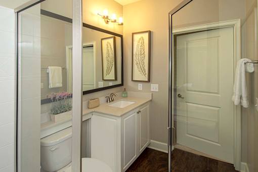 Greystone Pointe apartment bathroom with quartz counters - Knoxville, TN