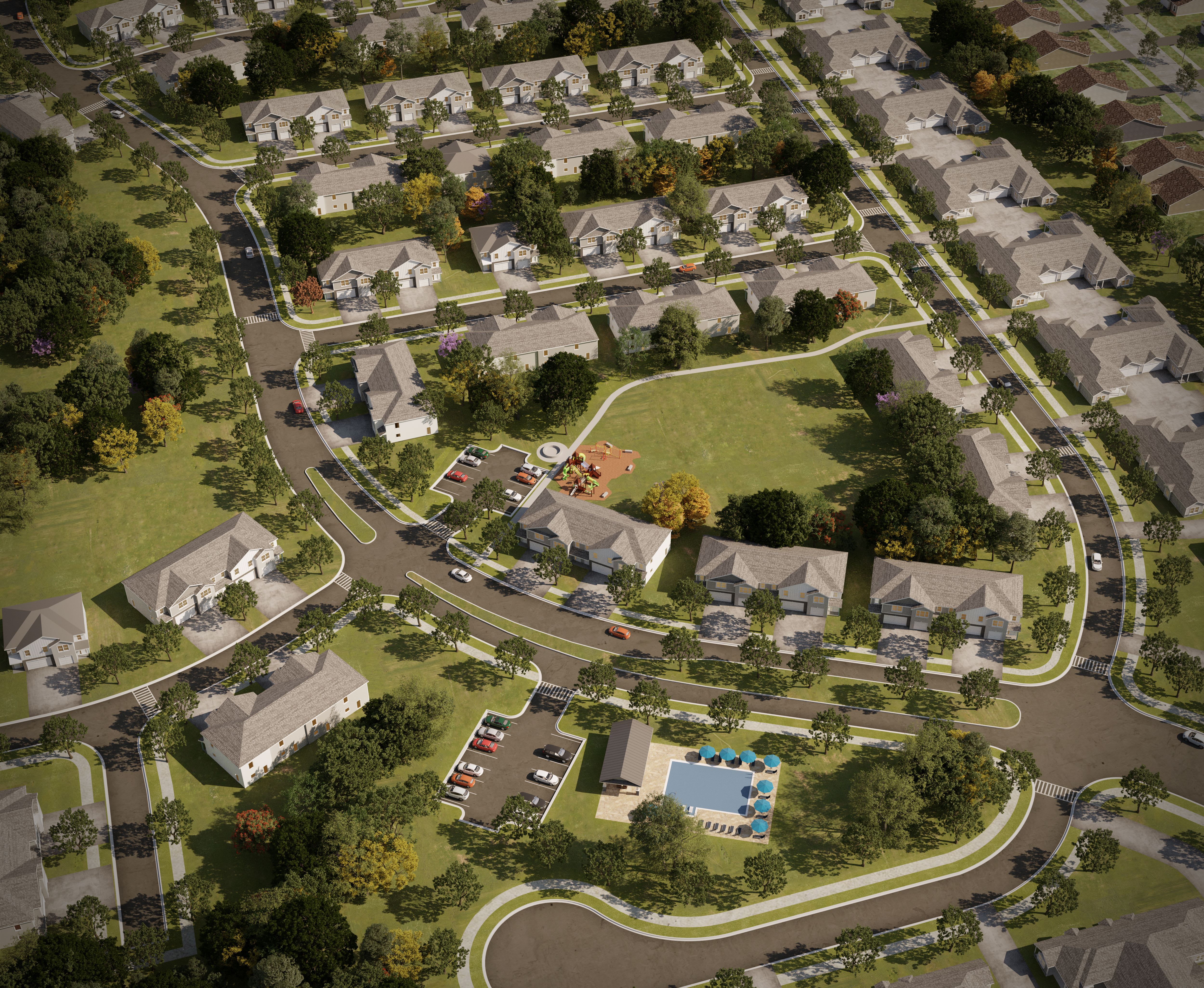 Barry West Townhomes aerial exterior rendering - Kansas City, MO