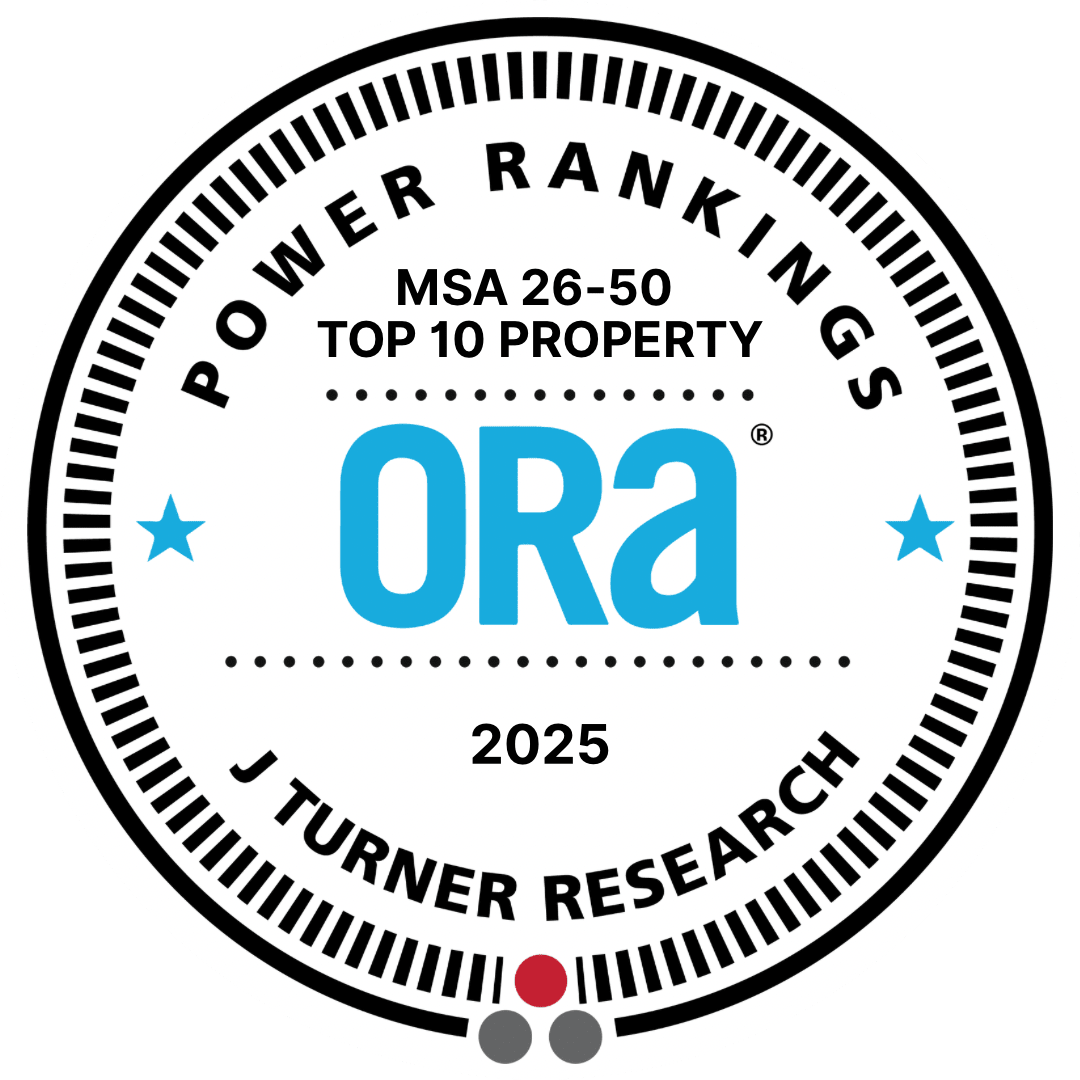 A circular emblem signifying the top 10 Property for ORA according to J Turner Research