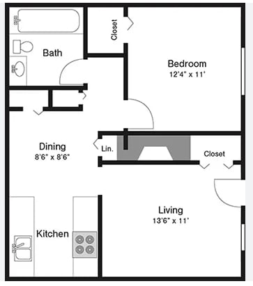 floorplan layout for a 1 bedroom unit