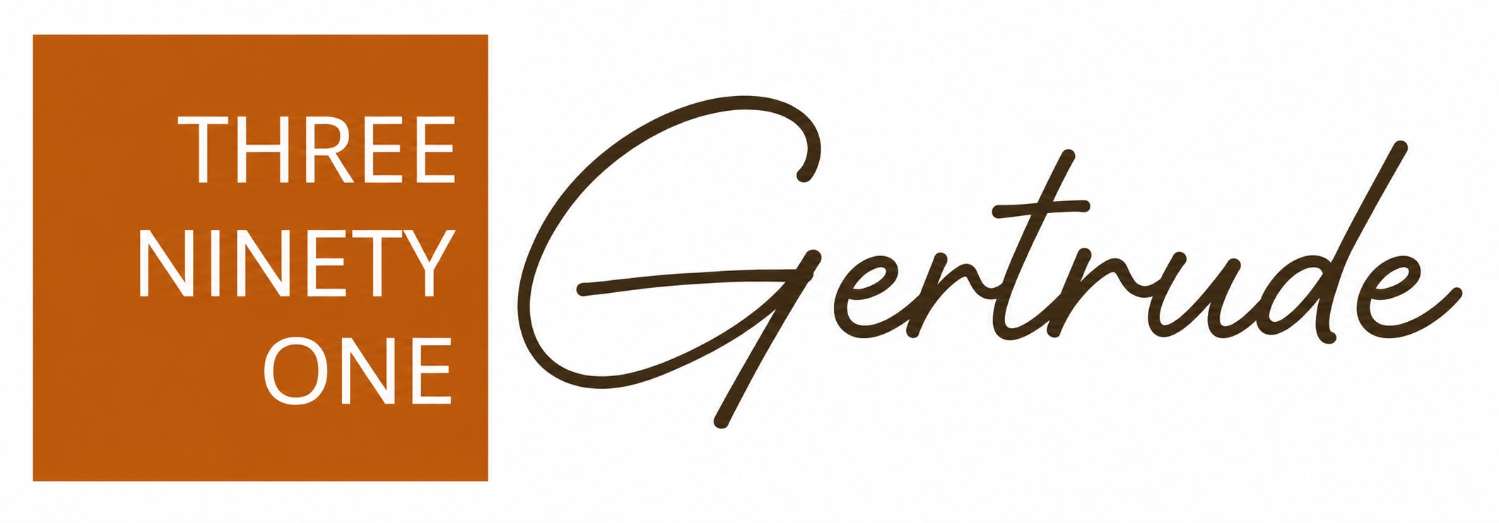 A brown square with the words "Three Ninety One" and a stylized word "Gertrude" to the right.