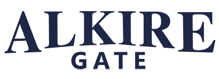 The image shows the text "ALKIRE GATE" in dark blue letters on a black background.