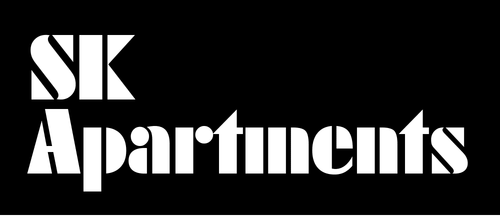 The image shows a logo with the letters "SK" and the word "Apartments" in white on a black background.