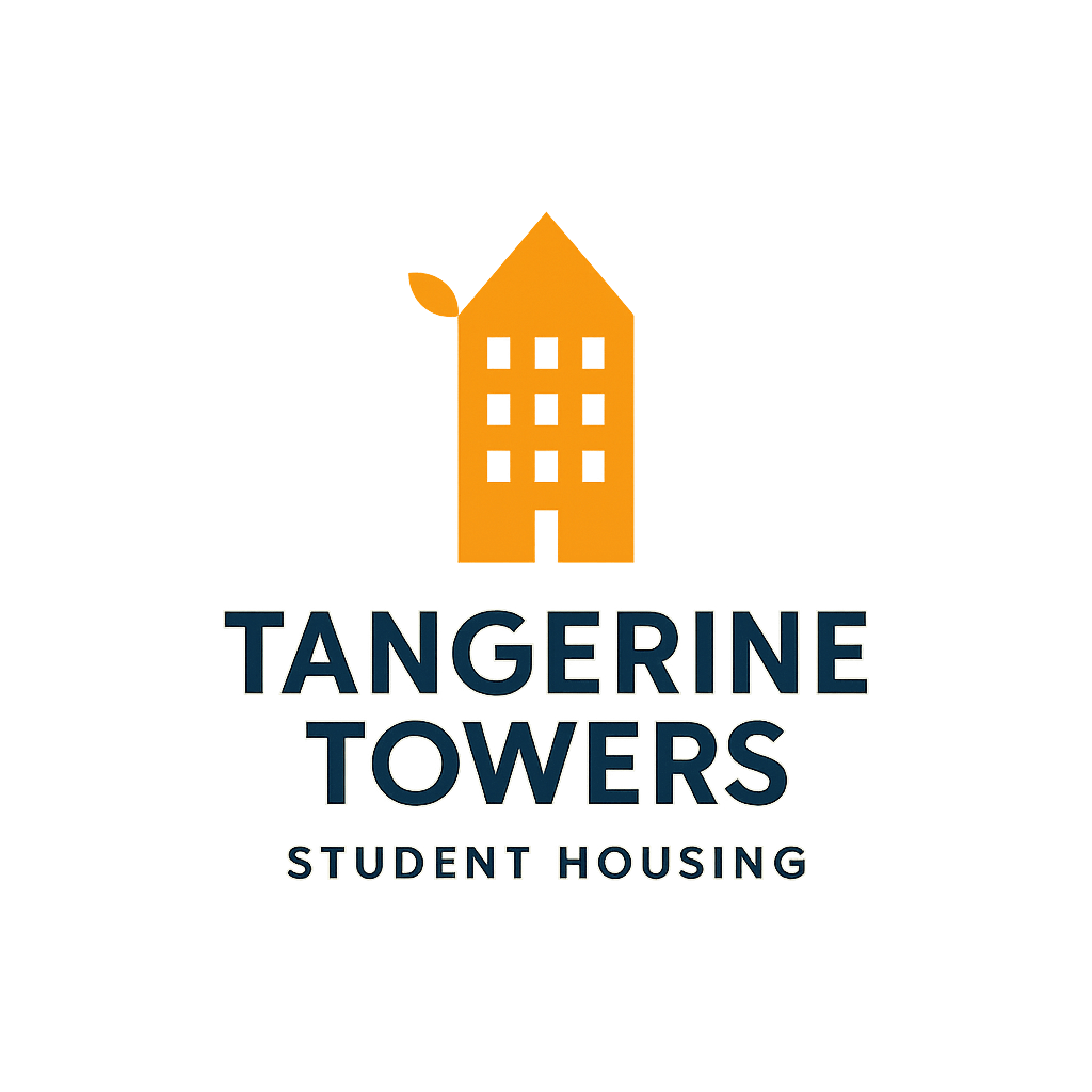 A graphic of a building with the words "Tangerine Towers" and "Student Housing" below it.
